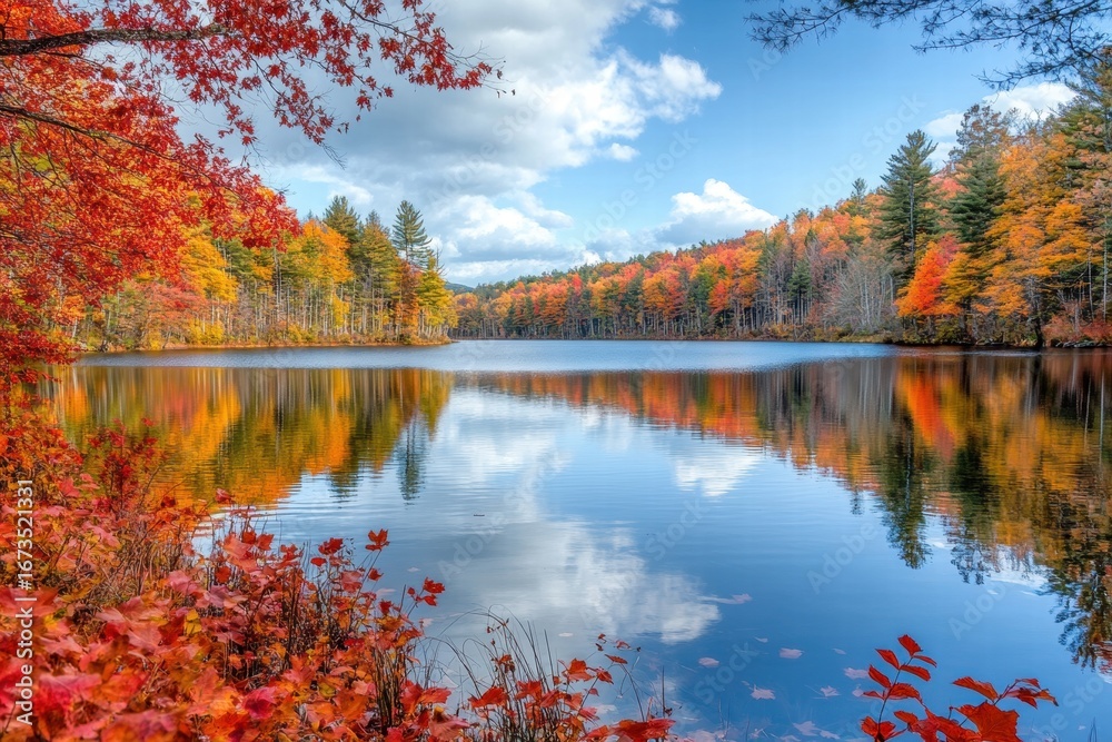 Obraz premium Lake surrounded by autumn red trees