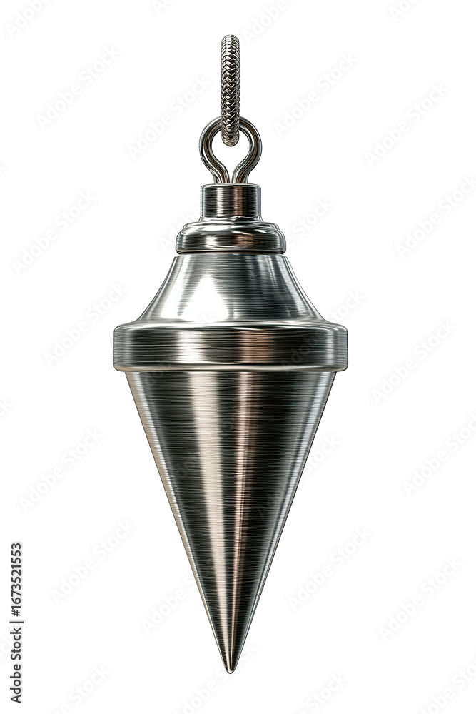 Fototapeta premium Traditional plumb bob tool with centered loop and clean metal form, isolated on transparent background. 
