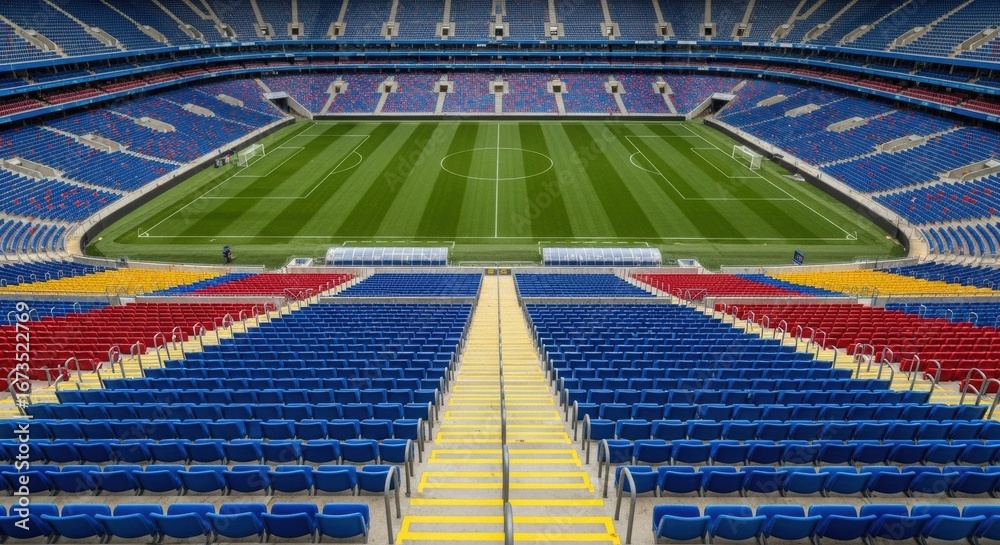 Fototapeta premium Empty colorful football stadium with green field and bright seating arrangement.