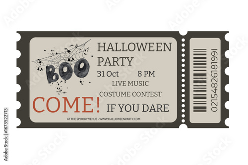 Invitation to the Halloween party with text BOO. Admission ticket. New Year celebration