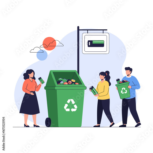 People responsibly recycling batteries into a green bin, promoting environmental awareness and sustainability.