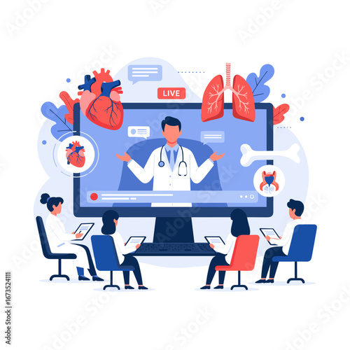 Doctor teaches online medical students about heart and lungs, fostering learning and health awareness.