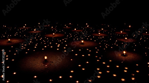 A mesmerizing display of numerous small candles illuminating a dark surface, creating a peaceful and thoughtful ambiance.