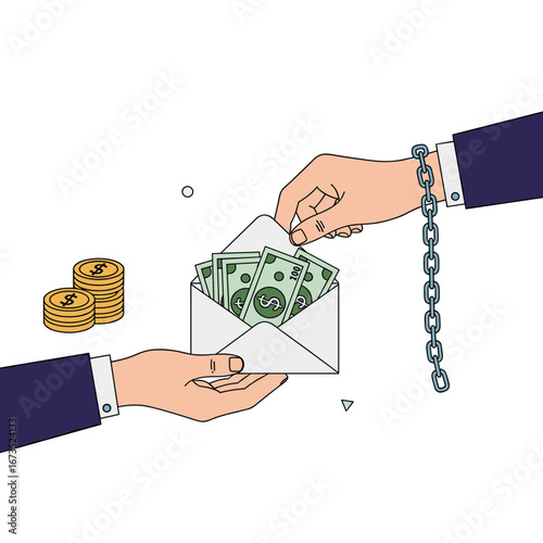 Financial transaction with chained hand exchanging cash in envelope, symbolizing debt or obligation