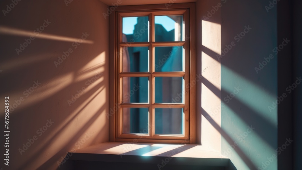 Fototapeta premium Sunlight casting shadows through a window with wooden frames, illuminating the interior space.