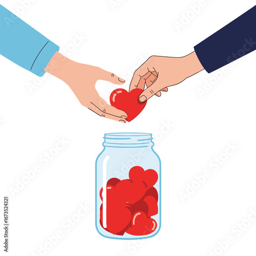 Generous hands share love hearts into donation jar, symbolizing kindness and charity.