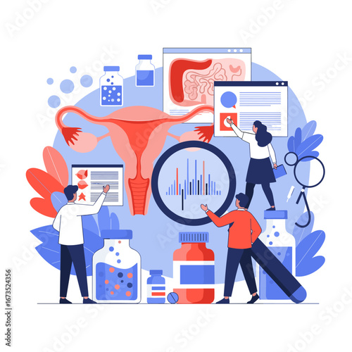 Medical professionals analyze reproductive health data with scientific research and pharmaceutical treatments