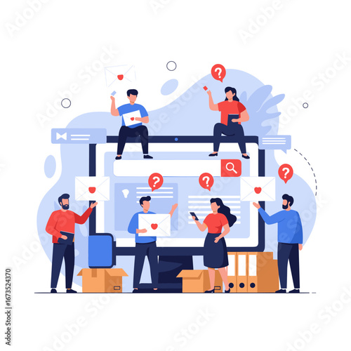 Team collaborates on digital communication strategy receiving important messages and seeking answers