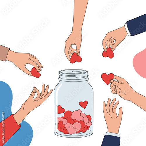 Generous hands contribute hearts to a collection jar symbolizing love and charity