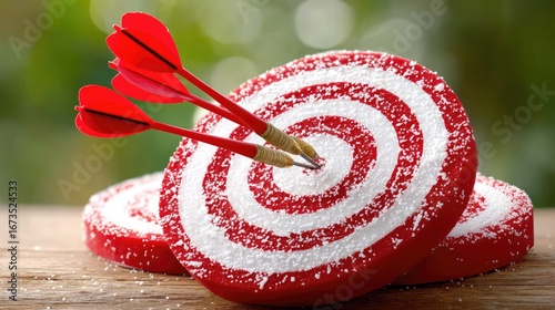 Darts hitting a red and white target in a blurred outdoor setting during a sunny day