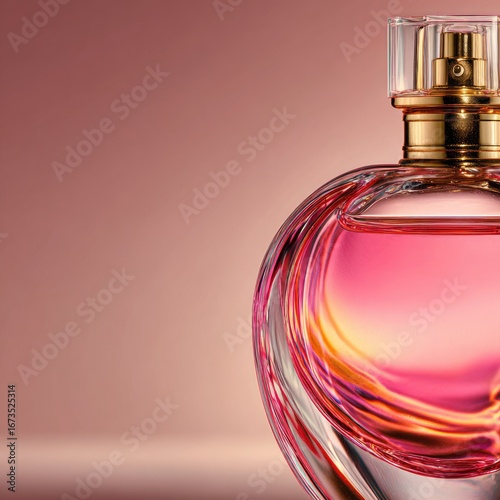Close-up of a heart-shaped pink perfume bottle on a rose background