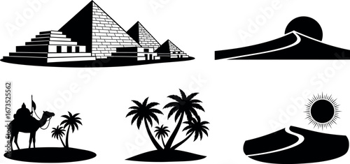 Pyramids, Sand Dunes, Camel Rider, and Oasis Palm Trees, representing historical travel, culture, and arid landscapes.
