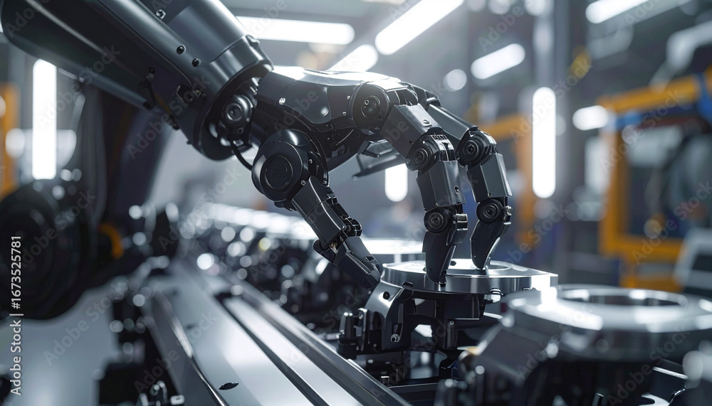 Fototapeta premium Robotic Arm Precision: A close-up shot of a robotic arm delicately placing a metallic component, a symbol of automated production and industrial advancement.