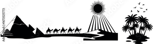 Silhouettes of Pyramids, a Camel Caravan, Oasis, and Sun, representing Ancient History and Adventure in the Hot Desert.