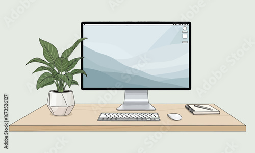 Computer desk with monitor and plant desktop keyboard