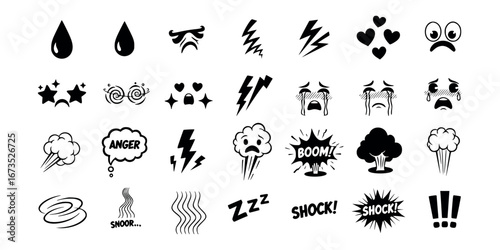 Vector art of set of hand drawn cartoon doodle emotion symbols, vector illustration of comic signs and icons for graphic and web design