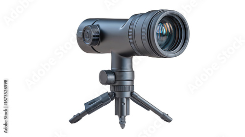 Compact field scope setup with angled eyepiece and sturdy tripod base, isolated on transparent background.
