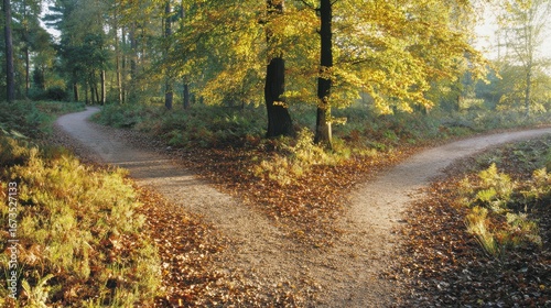 Forked Path in a Sunlit Autumn Forest