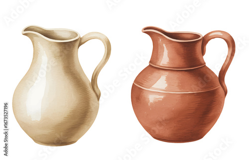 Classic vintage ceramic earthenware vessels in warm terracotta shades, painted in watercolor and isolated.