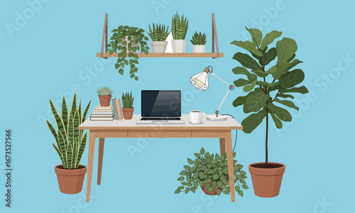 Desk adorned with numerous potted plants and laptop.