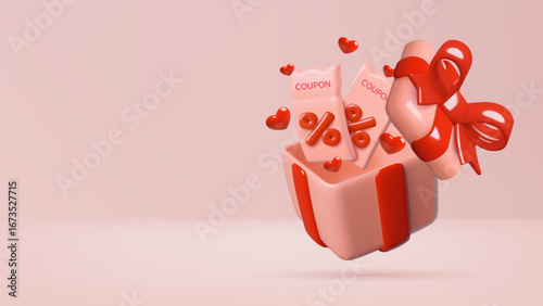 Valentine's Day sale background with 3d coupons inside a gift box with percentage sign and red hearts on pink background. Cute three dimensional vector illustration.