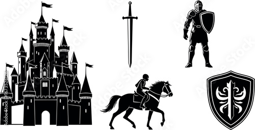 Medieval and Fantasy Vector Set Detailed Silhouettes of a Castle, Armored Knight, Horseman, and Sword, perfect for projects with themes of history and epic adventure.