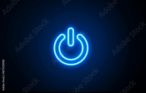 Neon glowing blue color power button icon. Neon light power button turning on and off.  Power Switch symbol. Power switch and button icon on black background
