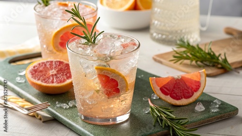 Refreshing summer cocktails with citrus and herbs on a wooden serving board in a bright kitchen