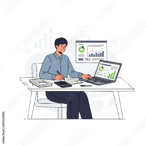 Accountant analyzing financial data on laptop, calculating taxes in modern office workspace