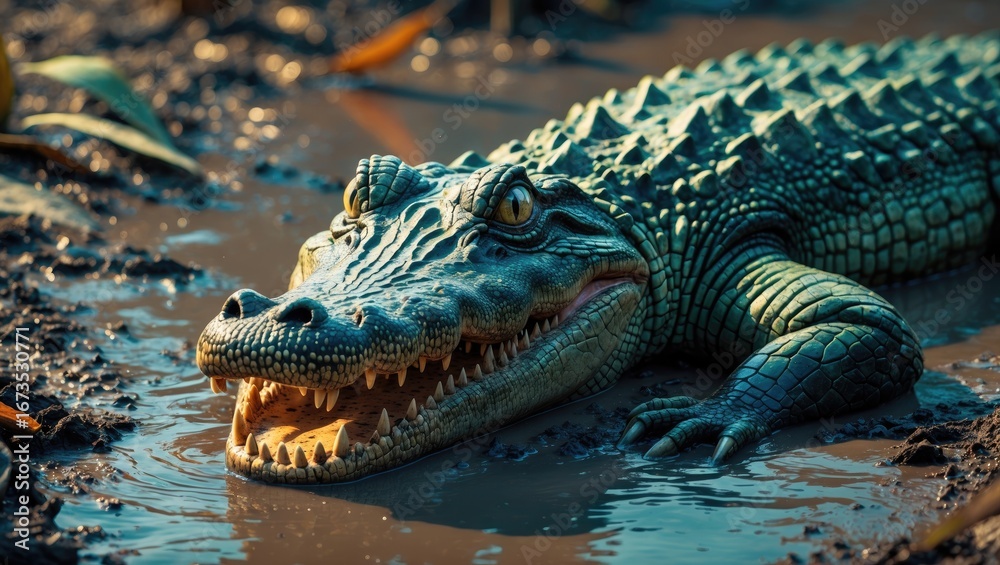 Obraz premium A crocodile resting in muddy water with scales and sharp teeth. Wildlife and nature, animal photography. Reptiles and aquatic habitats. The concept of river ecosystems and wildlife conservation.