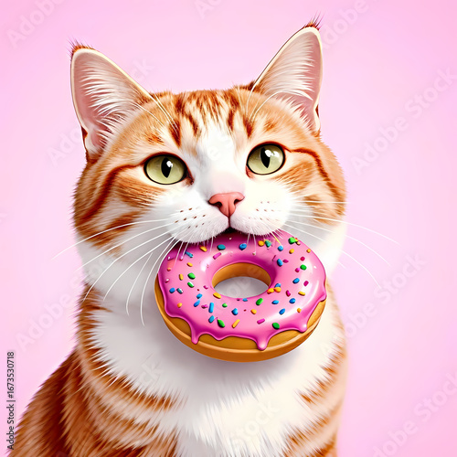Wallpaper Mural cute ginger cat with holding pink donut in mouth Torontodigital.ca