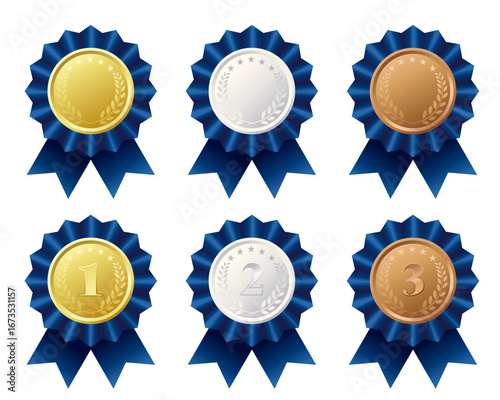 青いリボンの装飾と金銀銅のメダルとのイラストセット