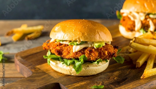 Crispy chicken sandwich with avocado and fries