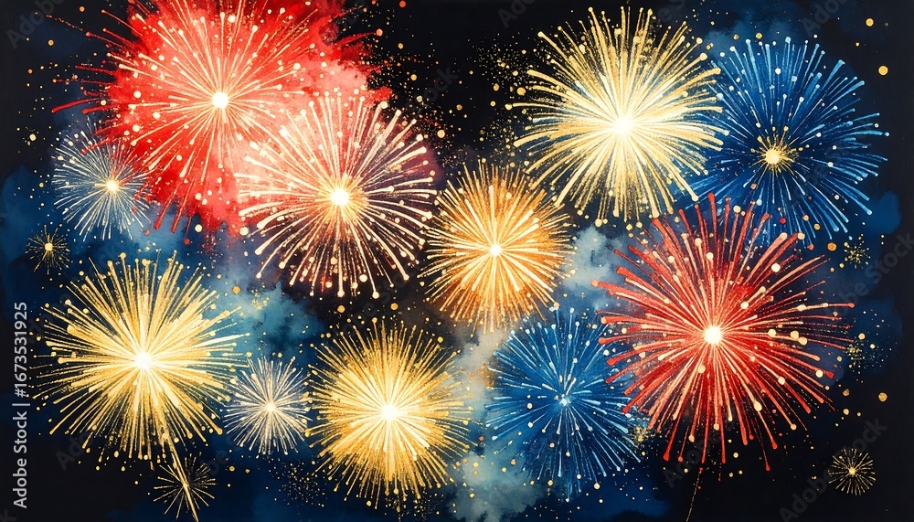 Naklejka premium Colorful fireworks explode in dark night sky