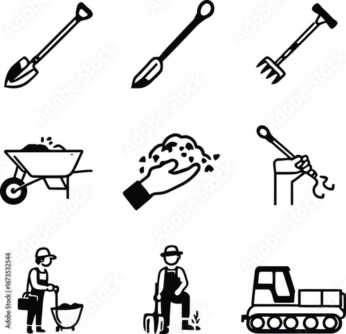 Farming tools and equipment vector icons set agriculture gardening shovel rake tractor wheelbarrow farmer hand