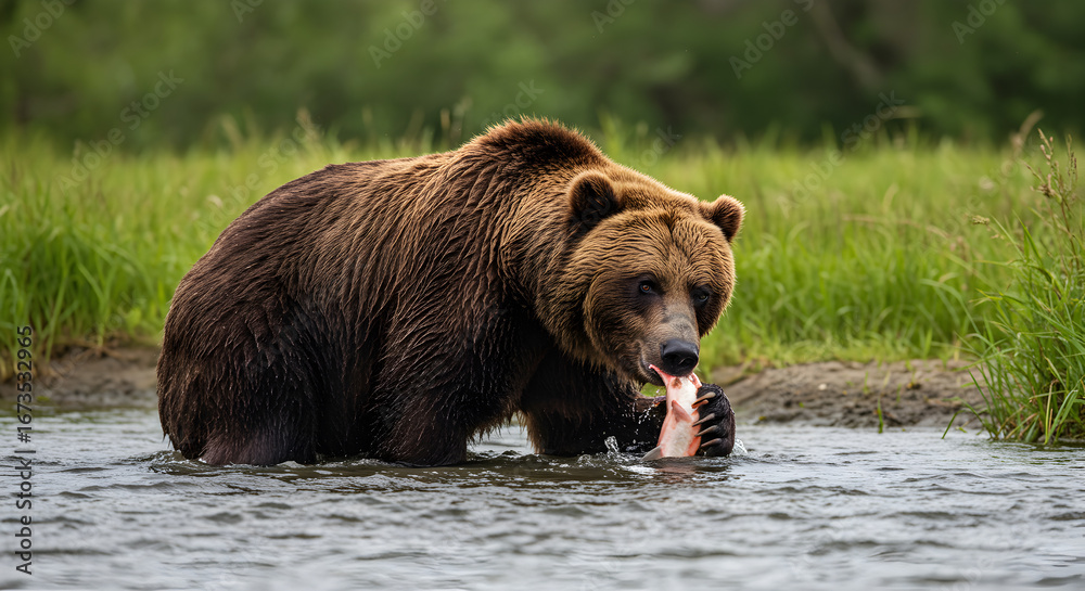 Fototapeta premium Grizzly Bear Feasting on a Salmon While Standing in a Shallow River