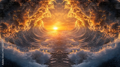 Fiery Sunset Ocean Wave Tunnel Scene