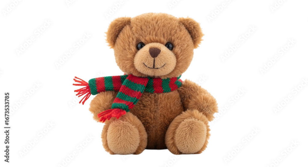Obraz premium Cute teddy bear with colorful striped scarf on black background photo