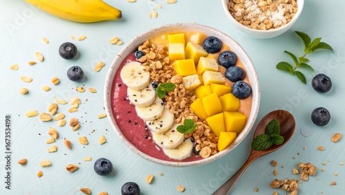 Delicious smoothie bowl topped with banana, mango, pineapple, and coconut served on a light blue table