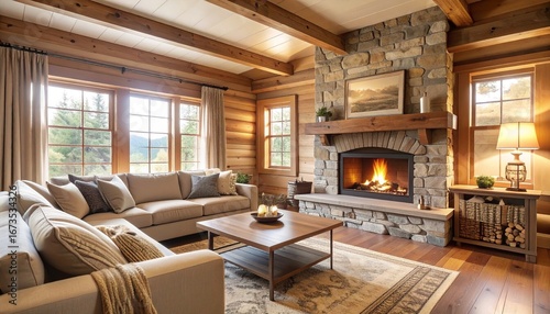 Cozy living room with warm lighting, wooden ceiling, comfortable sofas, and a lit fireplace in a rustic home setting