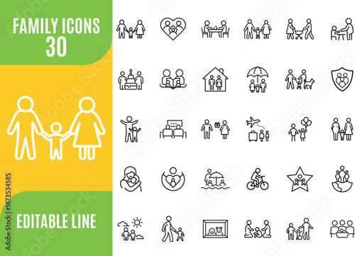 Family line editable icon set. Contain icons related to grandparents,  children, support, communication, Father, mother, son,  Set of outline icons...