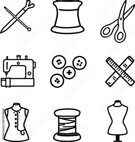 Sewing crafting tools vector illustration for diy fashion design and tailor shop supplies outline icons set