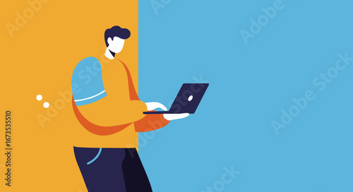 Vector illustration of a person working on a laptop, depicting remote work, online learning, or digital connectivity against a colorful backdrop.