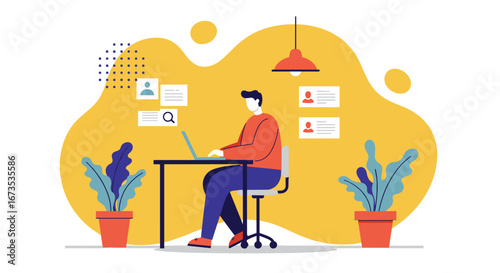 A focused person works remotely on a laptop at a modern desk, surrounded by plants and digital profiles. Ideal for themes of online productivity, freelance work, or talent acquisition.