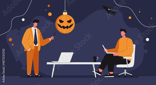 Businessmen in a spooky office setting with a Halloween jack-o'-lantern, discussing work. Ideal for seasonal marketing or holiday business themes.