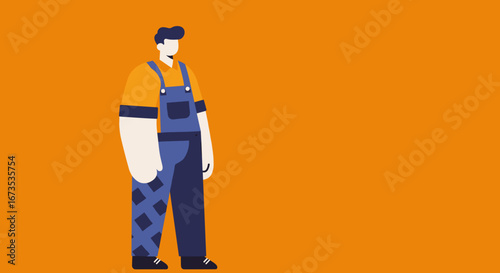 Stylized illustration of a man in work overalls standing on an orange background with copy space. Represents trades, service, or creative work. Useful for business, industry, and lifestyle themes.