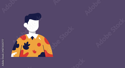 Minimalist vector illustration of a person in a vibrant abstract patterned shirt on a purple background. Represents business growth, creativity, or digital concepts with copy space.