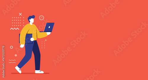 Modern professional walks with laptop and folder, symbolizing productivity, remote work, and efficient mobile business solutions. Ideal for technology, finance, and lifestyle concepts.