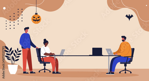 Diverse team collaborating in a modern office decorated for Halloween. Professional colleagues working on laptops, fostering a festive and productive environment.
