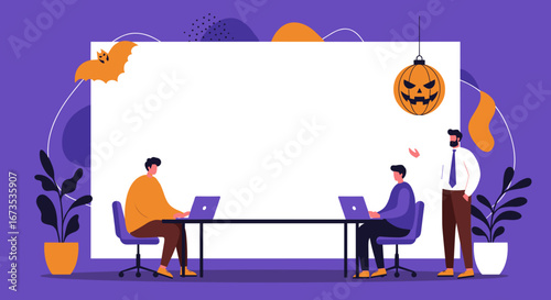 Business colleagues working in an office with Halloween decorations, ideal for seasonal corporate events, team collaboration, or festive workplace themes.